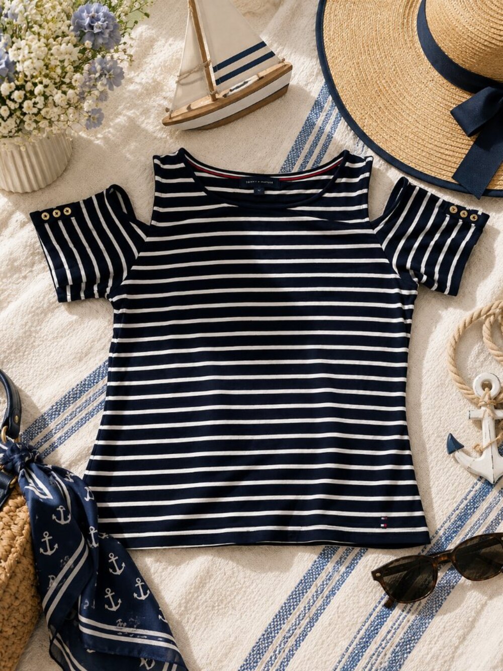 Tommy Hilfiger Women's Medium Navy White Stripe Cold Shoulder Knit Top